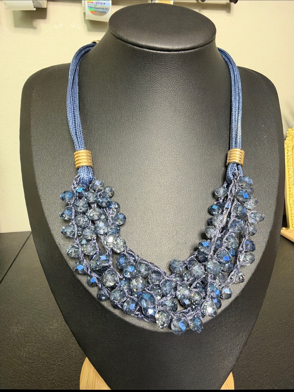 Blue Acrylic Besded Multi-Strand Gold Tone Statement Necklace